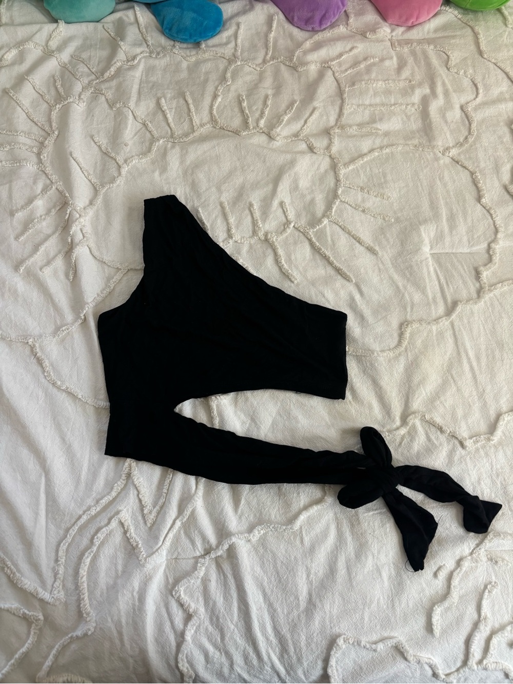 Asymmetrical One-Shoulder Black Tie-Waist Crop Top